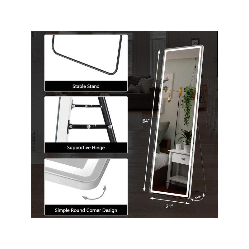 64"X 21" Full Length Mirror With LED Lights Full Body Floor W/Dimming 3 Color Lighting Mirrors Lighted Standing Hanging Tall With Stand Aluminum Thin Frame For Living Room, Home