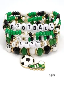 5 Pcs Football Beaded Bracelets, Sporty Layering Style, Fan Event Exclusive Jewelry, Perfect Gift for Young Fans, All Seasons Wear
