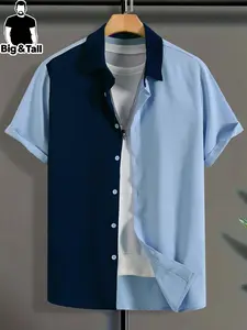 Men's Large Size Summer Solid Color Short Sleeve Stand Collar Shirt, Breathable Comfort Button Up Casual Comfy Collared Fashion Blouse, Menswear