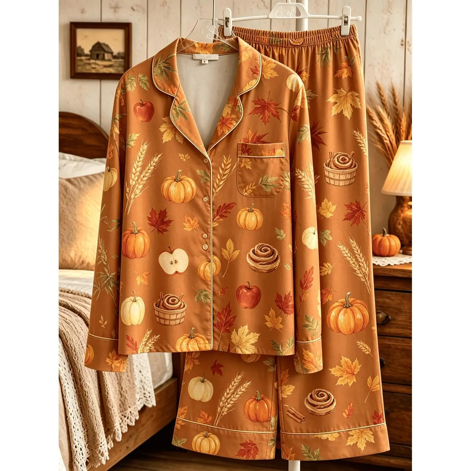 Womens Long Sleeve & Long Pants 2-Piece Loungewear Set - Autumn Harvest Pumpkin Maple Leaf Apple Print Lapel Button Retro Fall Vibe Home Rest Pajamas