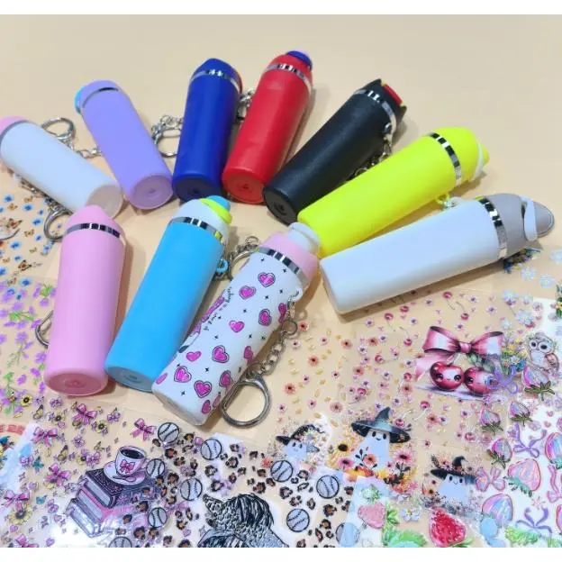 38pcs New Mini Tumbler Keychains and Random Stickers Set (Including 8pcs Different Color Mini Keychains and 30pcs Random UVDTF Stickers) --- Cute Charms DIY Gifts Cup Stickers Gifts for Cup Keychain Accessories, Handbags and Backpacks