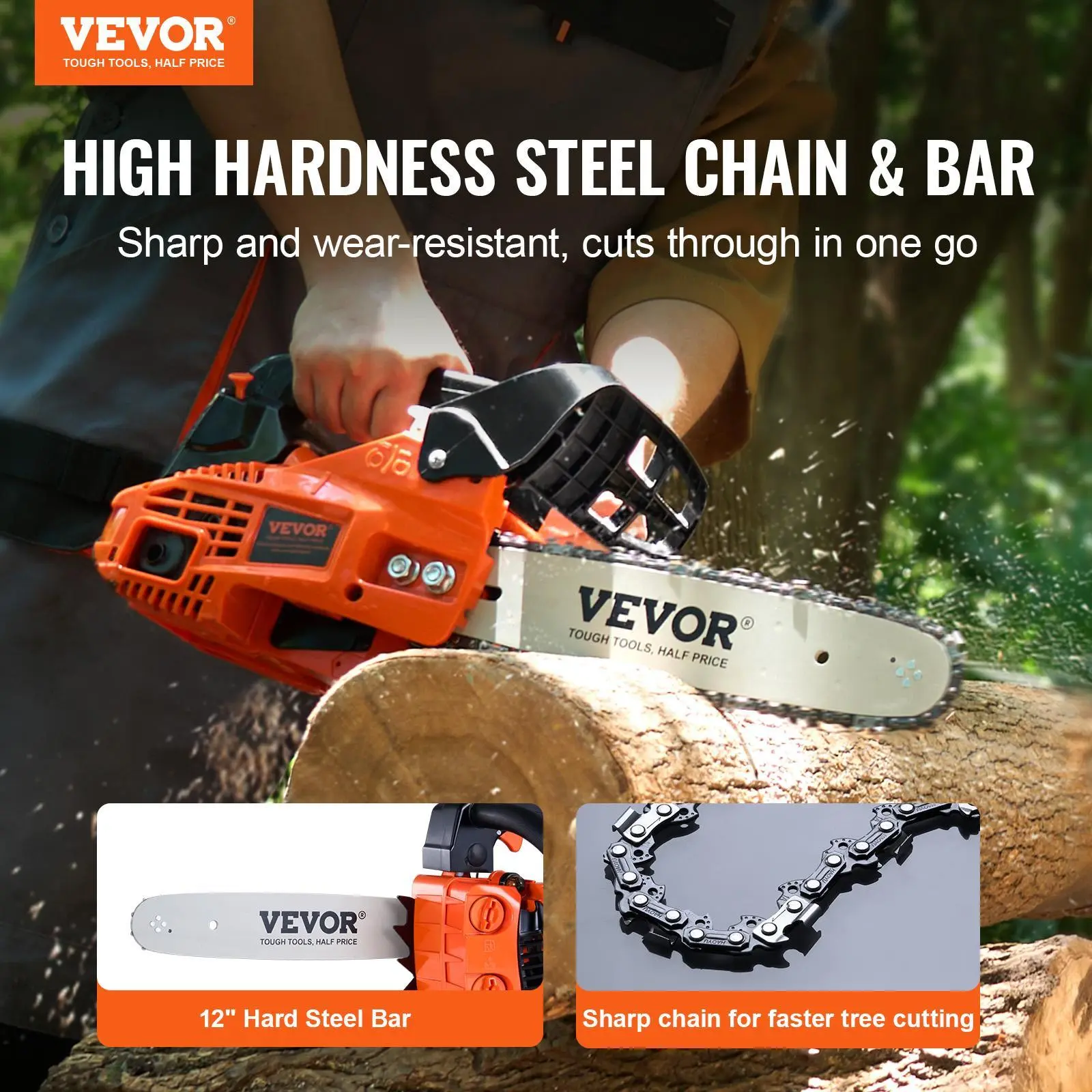 VEVOR Lightweight Steel Gas Chainsaw with 3 Waste Bags, 25.4cc Engine, 12" High-Strength Steel Chain Bar, 1.2 HP Work Tools, 11500 RPM Max Speed, Gasoline-Powered Handheld Tools and Gadgets, Dad Gift for Tree Cutting