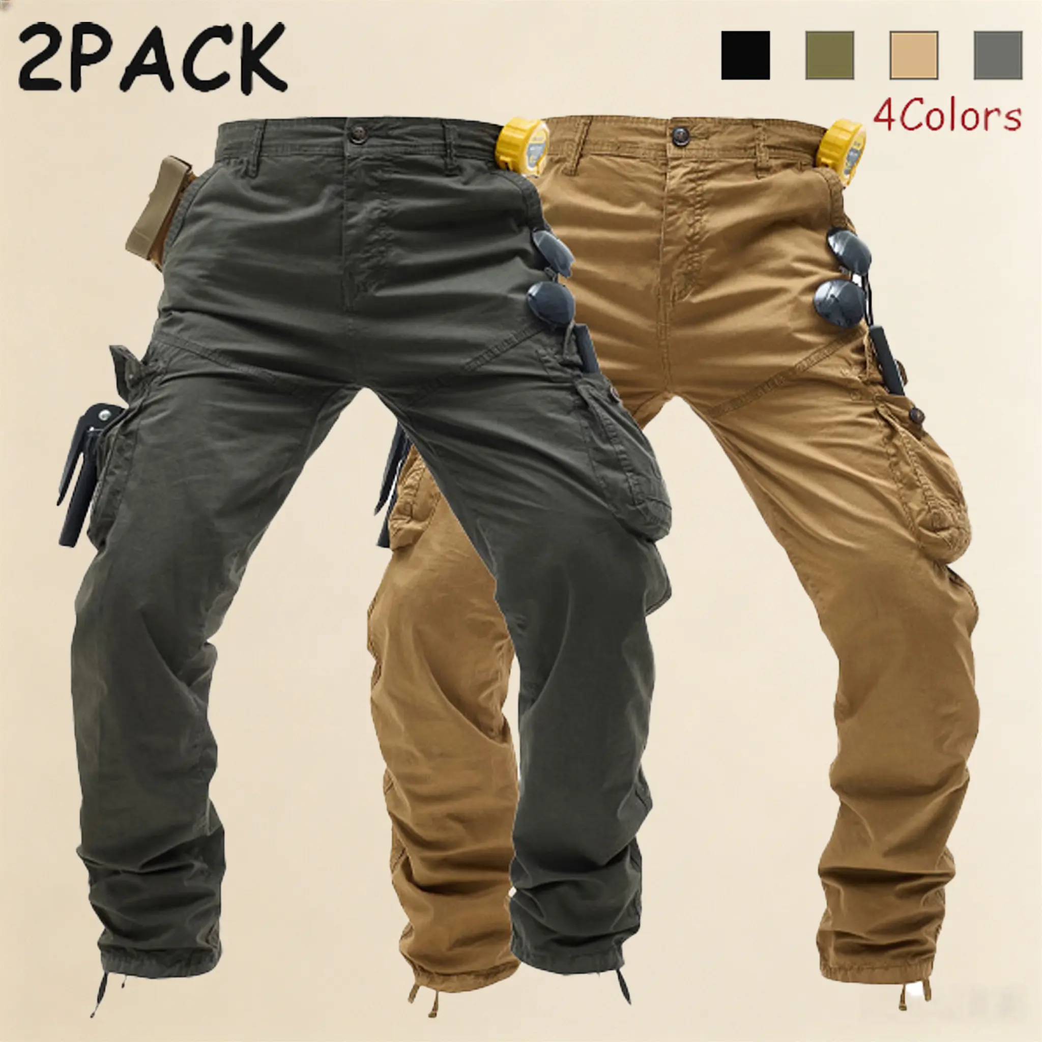 2-Pack Men’s Multi-Pocket Tactical Cargo Pants — Outdoor Hiking Pants, Durable Outdoor Functional Jogger Cargo Pants