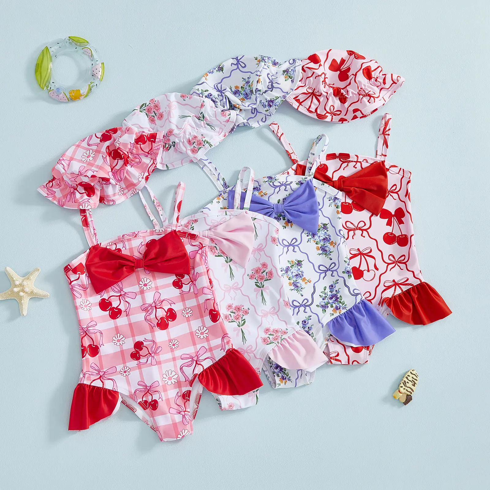 Toddler Girl Swimsuit Sleeveless Floral/Strawberry Print Romper Swimwear with Hat Toddler Girl Swimsuit Set Sleeveless Halter Neck Starfish Bow Print Tops Toddler Girl Swimsuit Sleeveless