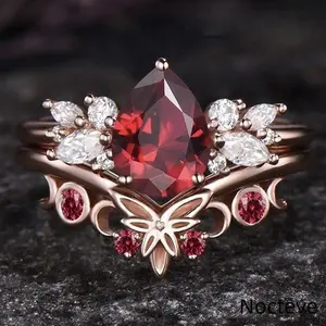 Women’s Butterfly Two-Piece Couple Ring Set Simulated Pigeon Blood Red Gem Rose Gold-Tone Base Alloy, Romantic Stack Daily Jewelry Valentine Event & Sweet Elegant Feminine Lady Holiday Gift Wear