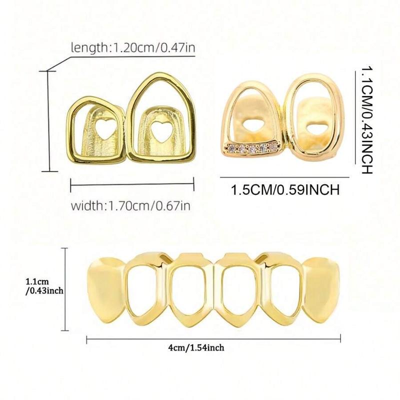 Hollow Oral Tooth Grillz Set with Zirconia Stones Double Top & 4 Hollow Bottom Teeth Hip Hop Street Style Unisex Jewelry Accessories Lightweight Silicone Festival Gift