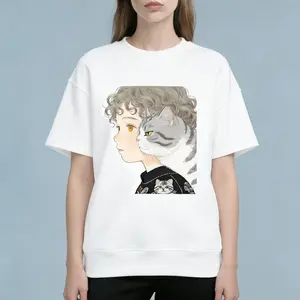 Women’s graphic T-shirt featuring a cute cartoon girl with curly hair and a silver tabby cat print; short sleeves, crew neck; summer tee; Y2K streetwear, Harajuku casual fashion; cotton top for women and teen girls; vintage style.