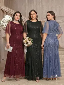Luxurious Plus Size Sequin Mesh Fish Tail Maxi Dress, Elegant Formal Wear Evening Gown, Perfect for Special Occasions, Fashionable Plus Size