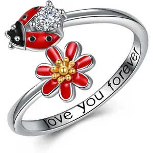 Women's Ladybug Ring 925 Sterling Silver Ladybug Daisy Ring Ladybug Jewelry Size 7-8