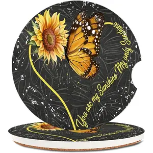 Butterfly Sunflower Absorbent Cup Holders Car Coasters,Ceramic Stone Drinks Coaster Set for Women Man 2.56"(2 Pack)