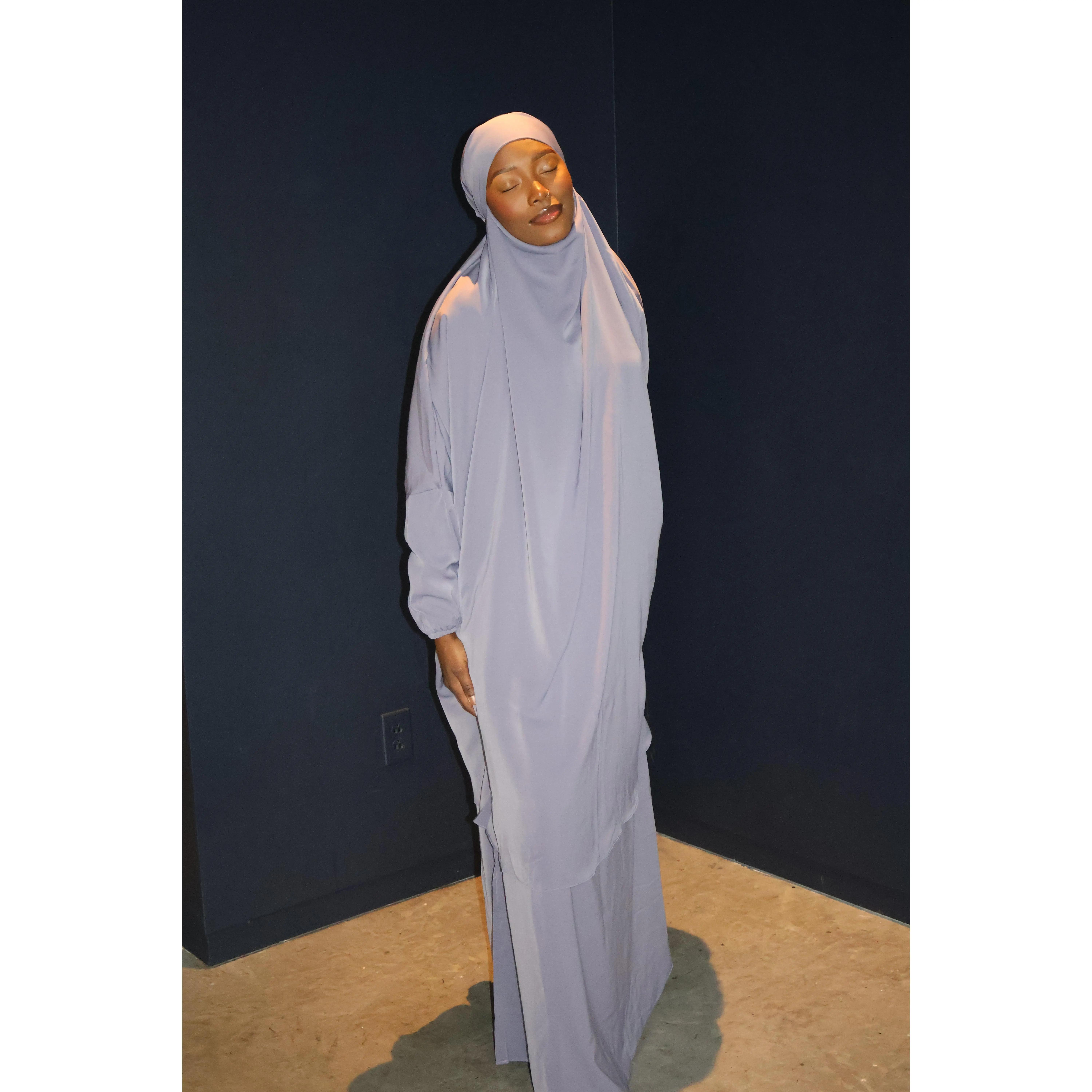 Women's 2-Piece Jilbab Set for Muslims, Solid Color Loose-Fit Polyester Spandex Khimar and Skirt with Pockets & Elastic Waistband for All-Day Wear