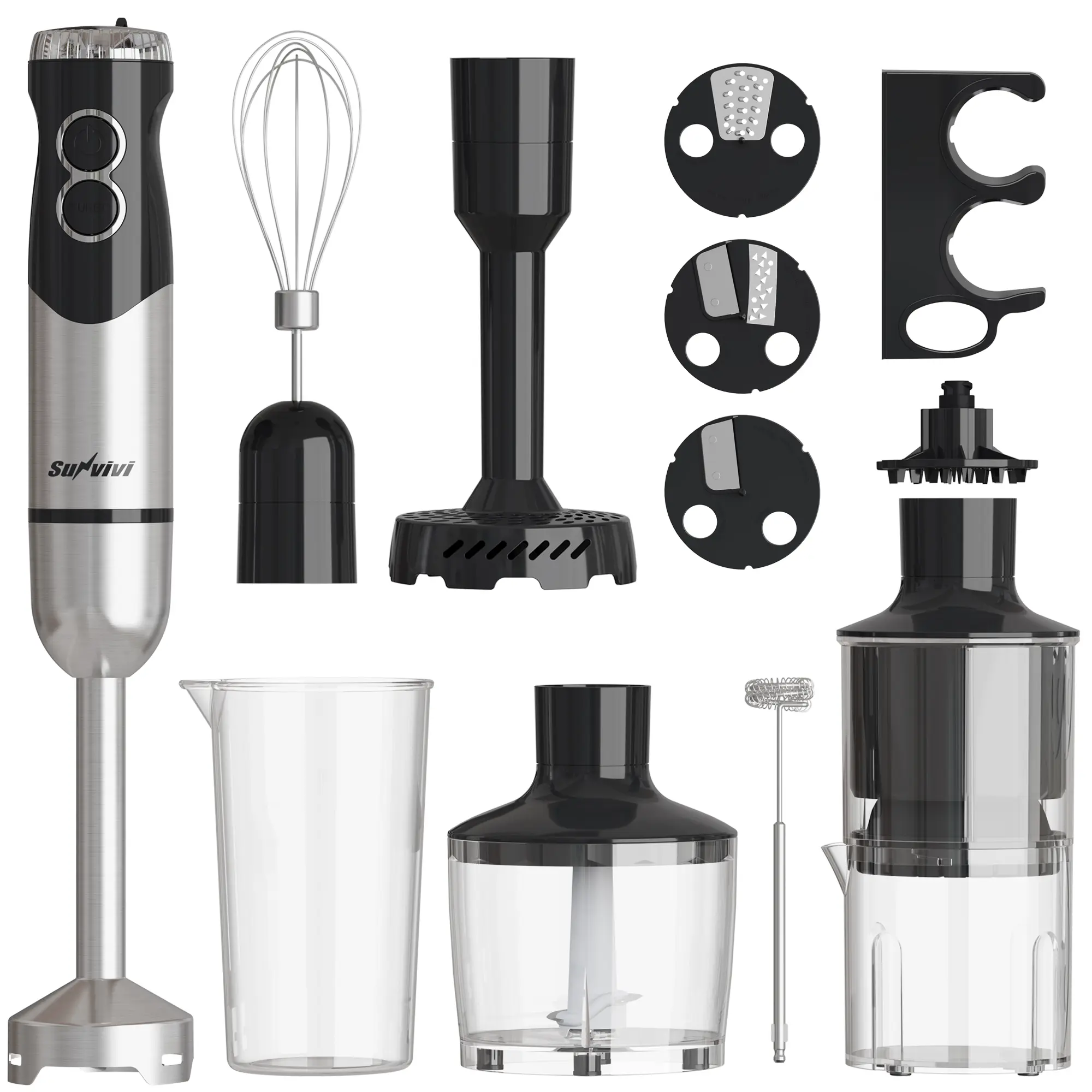 Sunvivi Cordless Immersion Hand Blender - 1000W 12-Speed Electric Stick Mixer, 10 Accessories Including 600ML Chopper, Whisk, Milk Frother for Frothing Milk, Shredder, Citrus Juicer, Potato Masher, Blue LED Light for Smoothie, Soup,home essential