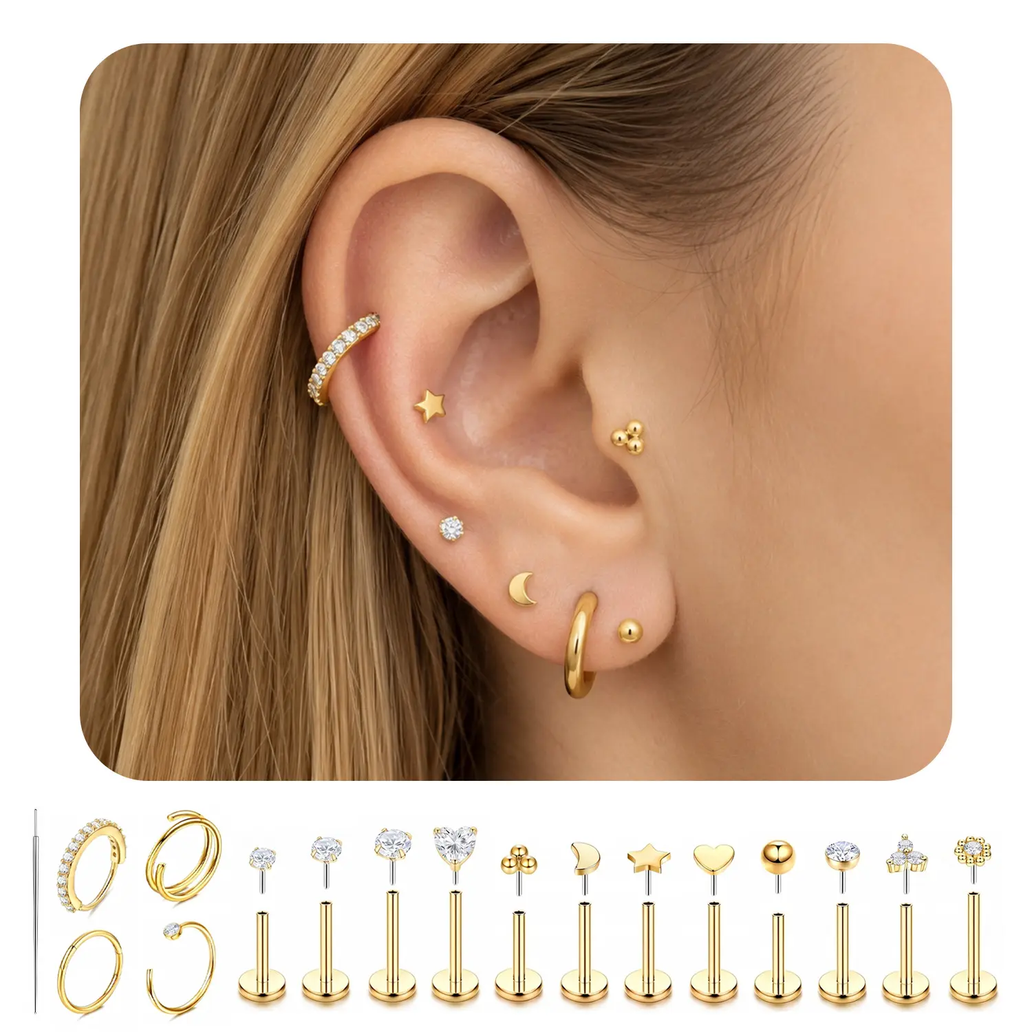 17Pcs Hypoallergenic Flat Back Earrings, Cartilage Earring Stacks, Surgical Steel Earrings for Sensitive Ears, Small Stainless Steel Flatback Stud Hoop Earring Sets, Piercing Jewelry Trendy