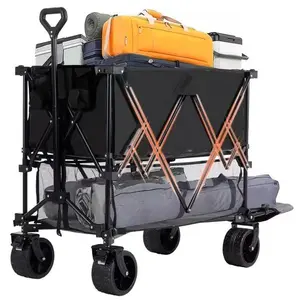 Folding Double Decker Wagon with Brakes, 54" Extra Long Extended Cart, Equipped with 7" All-Terrain Big Wheels for Camping, Sports，Black