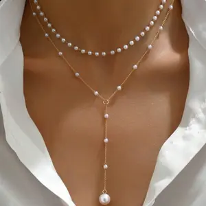 Pearl Necklace for Women Trendy Plated Dainty Pearl Pendant Choker Set Handmade Pearl Golden Necklace Non Tarnish Simple Cute Jewelry Gifts for Women