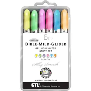G.T. Luscombe Company, Inc. Bible Mild-Glider Gel Highlighter, Bible Study, No Bleed Solid, No Smearing or Fading, Long Lasting, Translucent Dry Marker, Assorted Colors 6 Piece Set