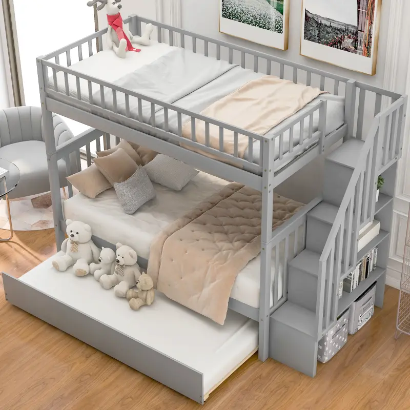 YAOSHANSHAN Twin Over Twin Wooden Bunk Bed with Stairs, Trundle and Storage, Solid Wood Stairway Frame That Splits Into 3 Separate Beds, for Teens