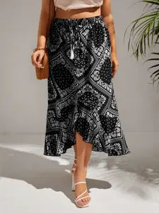 Women's Fashion Plus Size Geometric Print Skirt, Waist Drawstring Design, Loose Knit Simple Casual Vacation Midi Skirt