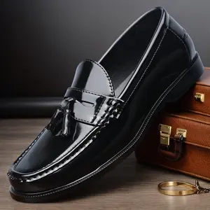 Men's Black Patent Leather Tassel Loafers, Hand-Stitched Slip-On Formal Dress Shoes82696