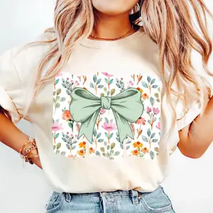Floral Coquette Bow T-Shirt, Watercolor Floral Bow Graphic Tee, Preppy Girly Spring Summer Aesthetic Shirt