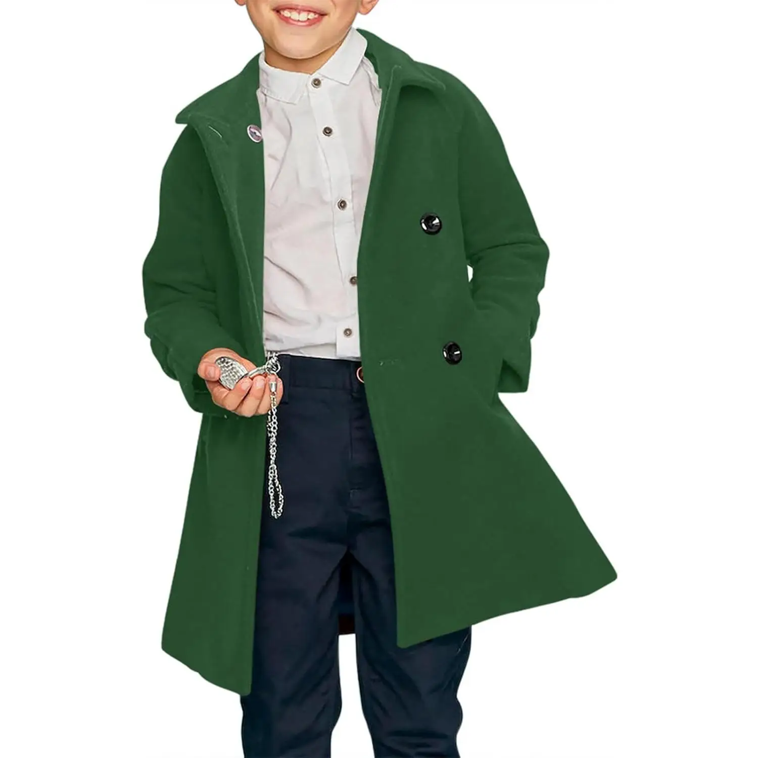Haloumoning Boys Double Breasted Pea Coat Kids Winter Notched Collar Overcoat 5-14 Years