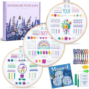 3 Pack Embroidery Kit for Beginners and Adults,Learn 33 Stitches with DIY Stamped Flower Patterns - Includes Hoop, Color Threads, Tools, and Step-by-Step Instructions with Video Tutorials