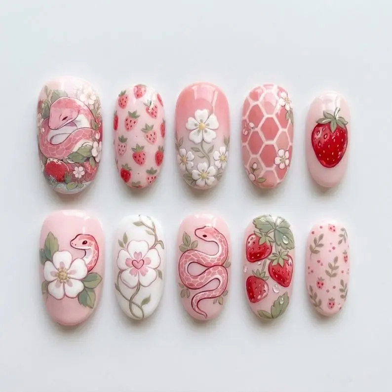 Strawberry Garden Snake Press On Nails Pink Cottagecore Floral Nails And Blossom Almond Nails