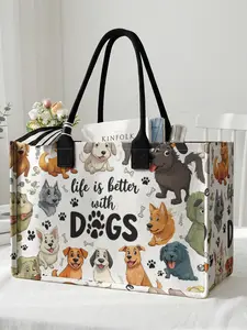 1 piece of dog pattern + Life is beautiful because of dogs 2D printed large capacity storage bag, extra large storage bag, sturdy handle, space-saving and versatile, suitable for use at school, business trips, shopping, Stylish Versatile Bag