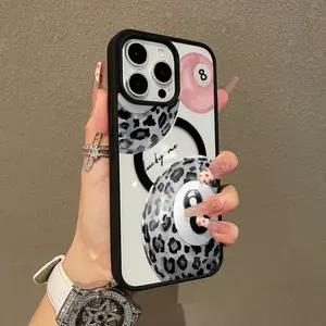 Trendy Leopard Print 8-Ball Art MagSafe Magnetic Phone Case, Ultra Thin Shockproof Cute Protective Cover for iPhone 11-17 Pro Max & Samsung S22-S26
