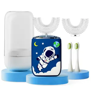 Kids U Shaped Electric Toothbrush with Cover Cup, 360° Sonic Toddler Toothbrush with 4 Replacement Heads (2 U-Shape, 2 Soft Bristle), Rechargeable Automatic Whole Mouth Toothbrush, Astronaut