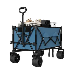 [FLASH SALE] Garvee Collapsible Wagon with Big All-Terrain Wheels Foldable Beach Wagon with Cup Holders 350Lbs Weight Capacity Heavy Duty Carts for Camping, Garden, Sports Blue
