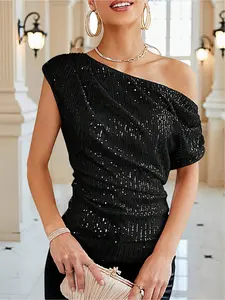 Women's Solid Color Sequin Pleated Asymmetric Neckline Elegant Fashion Top, Suitable for Various Occasions Such as Home, Sports, Dances, Shopping, and Gatherings.