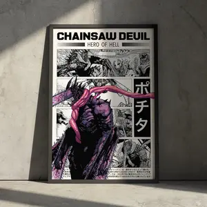 Chainsaw Man Anime Artwork Print, Denji Manga Wall Decor Poster, Vintage Retro Minimalist Aesthetic Gift for Anime Fan, Makima Aki Power (Frame Not Included)