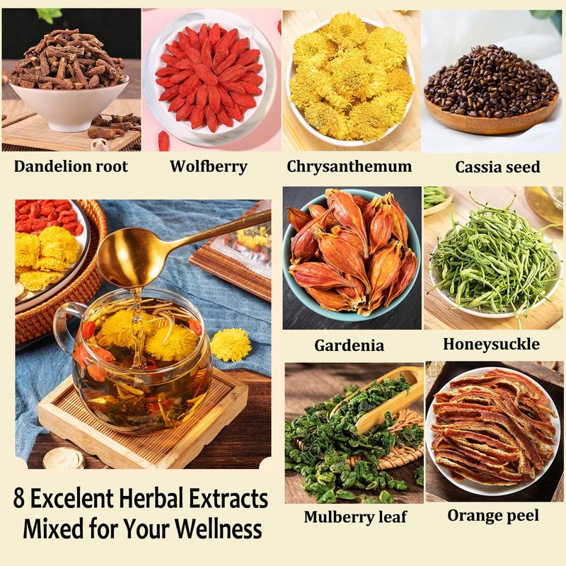 GOJI BERRY TEA 8 CHINESE HERBAL INGREDIENTS BLEND,DANDELION WOLFBERRY ORGANIC, CASSIA SEED, CHRYSANTHEMUM, HONEYSUCKLE, TEA LOOSE LEAF (3BOX(45BAGS))