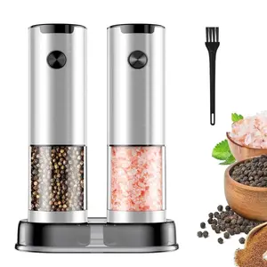 RYCTECH Automatic Spice Grinder Set, Electric Pepper and Salt Grinder With 5 Adjustable Coarseness, Spice Grinder With Light, Rechargeable Stainless Steel Kitchen Supplies, Silver - Set of Two, Dealsforyoudays