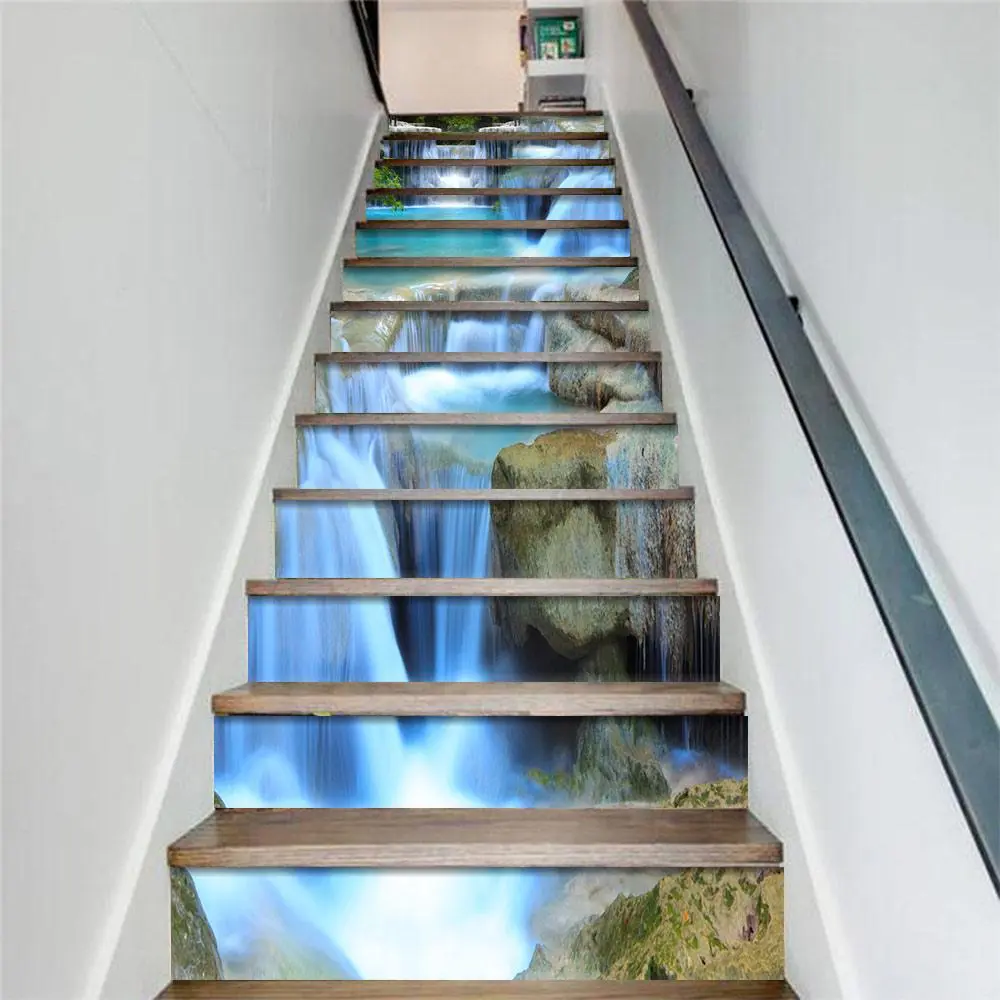 Waterfall Pattern Wall Sticker, 13pcs/set Waterproof Self Adhesive Wall Tile Stair Decal, Decorative Sticker Wall Art Stickers Household Decoration Supplies for Home Living Room Bedroom, Waterproof Marble Stickers, Wall Stickers Decorations