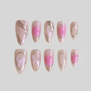 Nail Plus Pink Marble Swirl Aesthetic, Medium Oval 10PCS Press On Nail Set, Metallic Gold Line Accents, Nude & Pink Gradient Base, Jelly Tabs & Buffer Included, for Elegant Occasions & Brunch Dates, Glossy Handpainted Effect