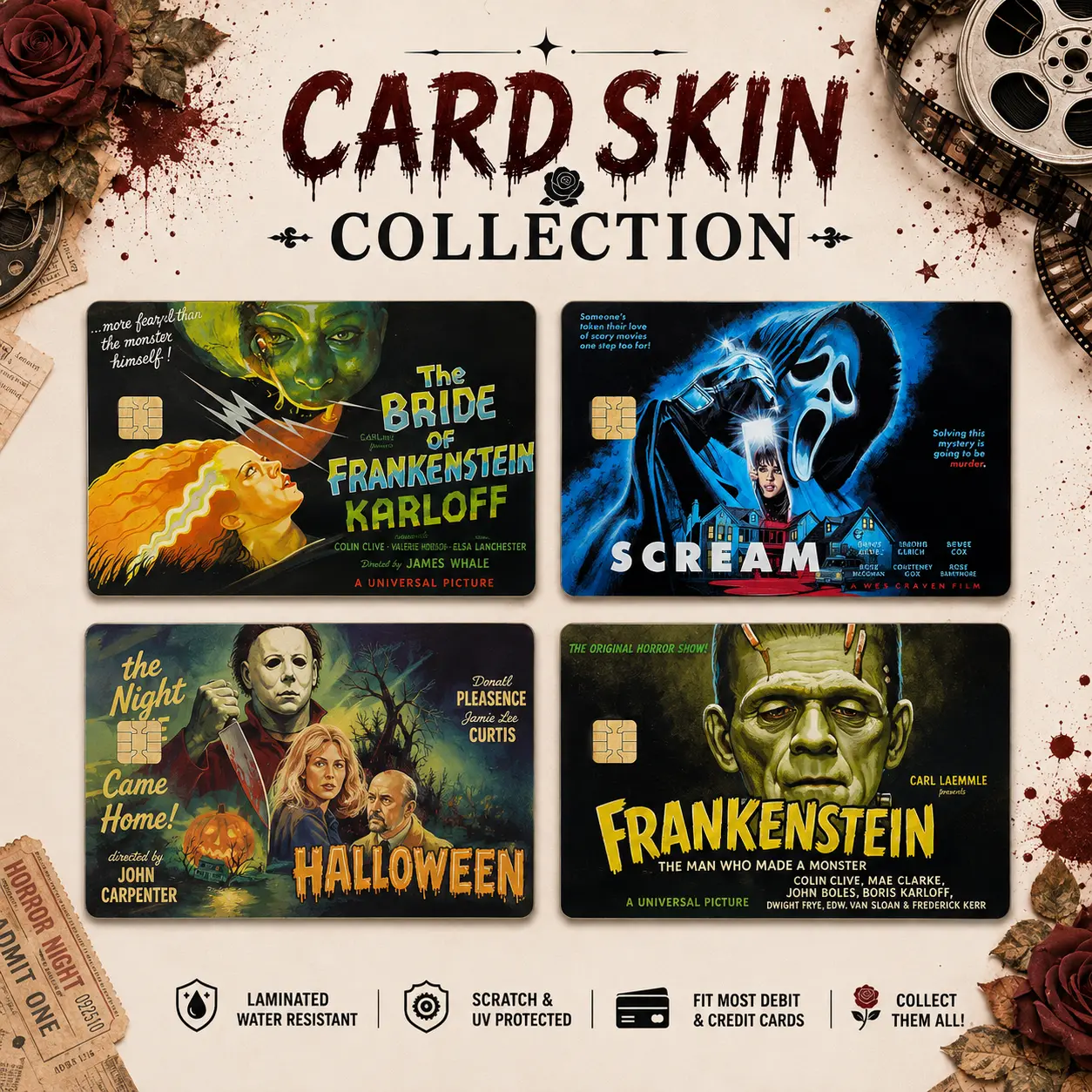 Classic Horror Movie Card Skin, Scream Halloween Frankenstein Bride Debit Card Sticker, Vintage Horror Credit Card Cover