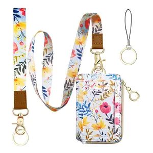 2-in-1 ID Badge Holder & Lanyard Wallet for Womens  Floral Zipper Wallet with Removable Wrist & Neck Lanyard, Clear Window, 5 Card Slots, Ring Keychain for Worker Teacher Nurse Couriers