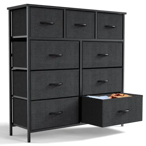 9-Drawer Tall Fabric Dresser with Wooden Top, Steel Frame - Stable Interior Storage Furniture with Multiple Drawers, Clothing Organization Solution for Closet, Nursery, Easy Assembly