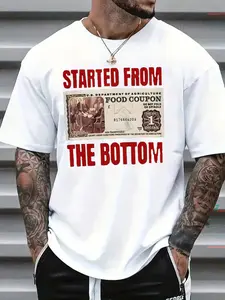 Hip-Hop Humor Graphic T-Shirt "Started From The Bottom" Vintage Food Coupon Print 100% Cotton Short Sleeve Tee Ideal for Street Style Casual Wear Funny Gift Giving Menswear Top - Streetwear, Tshirt