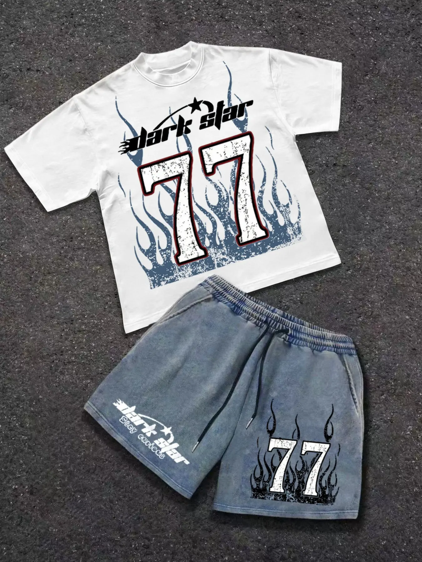 Men's Summer 2-Piece Set, Flame Number 77 Graphic Print Round Neck Casual Short Sleeve T-Shirt + Drawstring Cotton Shorts, Comfortable Outdoor Wear, Tee