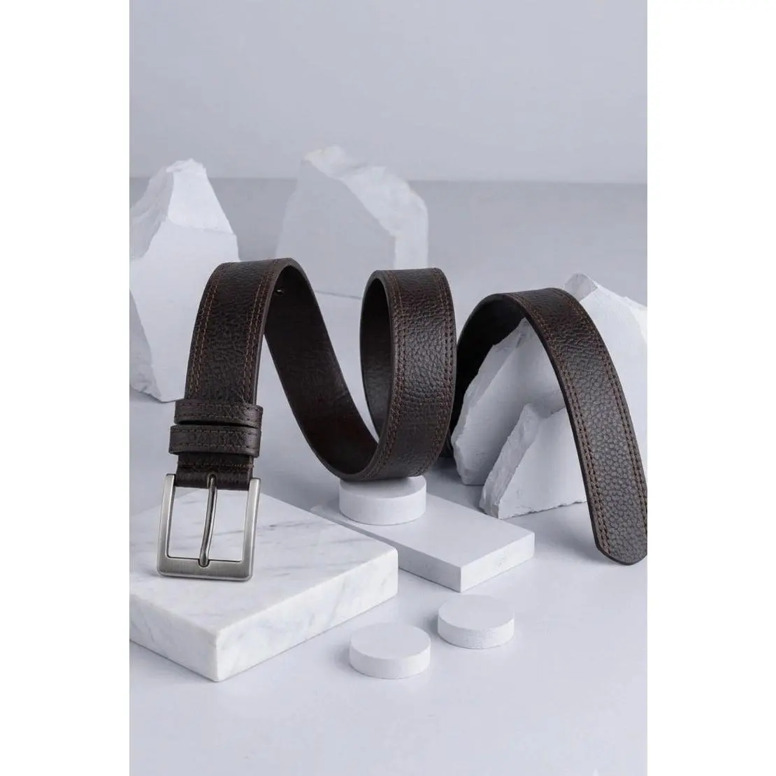Grey Black Men's Leather Belt – Real Leather, Stitched