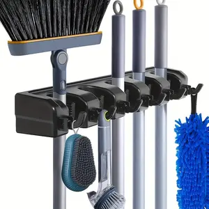 1pc Broom Holder, Wall Mounted Garden Tool Organizer, Home Laundry Room, Closet, Shed, Garage Organization And Storage Utility Rack, 5 Slots & 6 Hooks