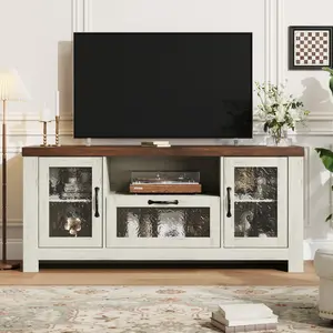 Garvee Farmhouse Entertainment Center TV Stand with Acrylic Door Storage Cabinet and Adjustable Shelves Fits 55-65 Inch Screens in White Brown Black and Rustic Brown for Living Room or Bedroom