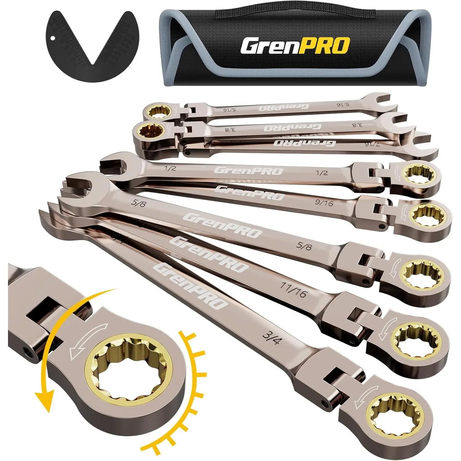 Head Ratcheting Wrench Set 9PCS SAE 5/16"-3/4" Combination Wrenches with Gauge 72 Tooth Nickel Plating Vanadium Tools for Auto Repair