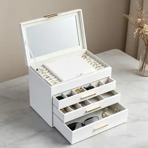 BOOVO Clear Lid 4-6 Layers PU Leather Dustproof Jewelry Box - Women's Organizer with Multiple Drawers, Mirror, Necklace Hooks, Visible Storage Case, Stylish Bedroom Decor Gift