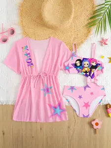 Girls' Two-Piece Swimsuit Set, Mesh Drawstring Outer, Cartoon Print Bikini, Summer Beach Vacation Swimwear, Cute Kids Swim Dress
