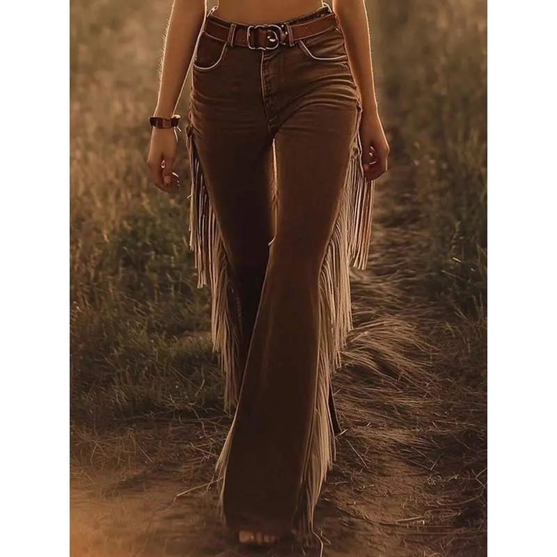 Women's Black High-Waist Casual Fit Denim Bell Bottom Jeans - Western Cowboy Side Tassel Fringe Leg Pants