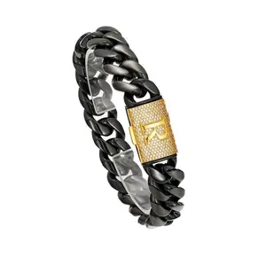 18K Black Gold Vacuum Plated with 5A+ Sri Lanka Zircon Stainless Steel Chain & Copper Letter A-Z Flip Clasp Miami Cuban Link Chain Italy Mexico & Micro Inspired Unisex Hip Hop 14mm Bracelet for Men & Women Jewelry,Daily Wear,Casual Fashion,Gift,Chicano